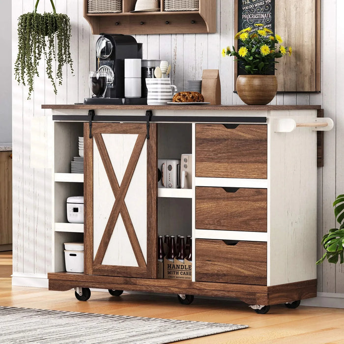 K&K 55.5' Farmhouse Kitchen Island with Drop Leaf, Kitchen Storage Island with Barn Door, Power Outlet, Rolling Kitchen Cart on Wheels with Spice Rack, for Home, Kitchen, Dining Room, White Default -DTYStore