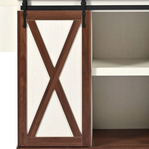 K&K 55.5' Farmhouse Kitchen Island with Drop Leaf, Kitchen Storage Island with Barn Door, Power Outlet, Rolling Kitchen Cart on Wheels with Spice Rack, for Home, Kitchen, Dining Room, White Default -DTYStore