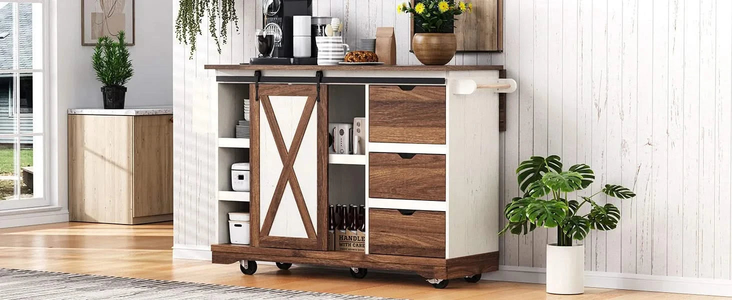 K&K 55.5' Farmhouse Kitchen Island with Drop Leaf, Kitchen Storage Island with Barn Door, Power Outlet, Rolling Kitchen Cart on Wheels with Spice Rack, for Home, Kitchen, Dining Room, White Default -DTYStore