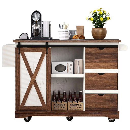 K&K 55.5' Farmhouse Kitchen Island with Drop Leaf, Kitchen Storage Island with Barn Door, Power Outlet, Rolling Kitchen Cart on Wheels with Spice Rack, for Home, Kitchen, Dining Room, White Default -DTYStore