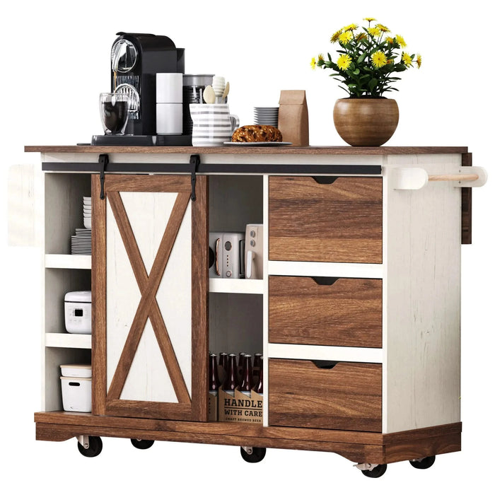K&K 55.5' Farmhouse Kitchen Island with Drop Leaf, Kitchen Storage Island with Barn Door, Power Outlet, Rolling Kitchen Cart on Wheels with Spice Rack, for Home, Kitchen, Dining Room, White Default -DTYStore