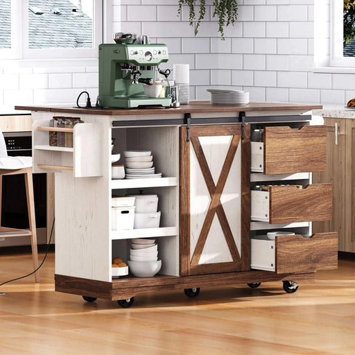 K&K 55.5' Farmhouse Kitchen Island with Drop Leaf, Kitchen Storage Island with Barn Door, Power Outlet, Rolling Kitchen Cart on Wheels with Spice Rack, for Home, Kitchen, Dining Room, White Default -DTYStore