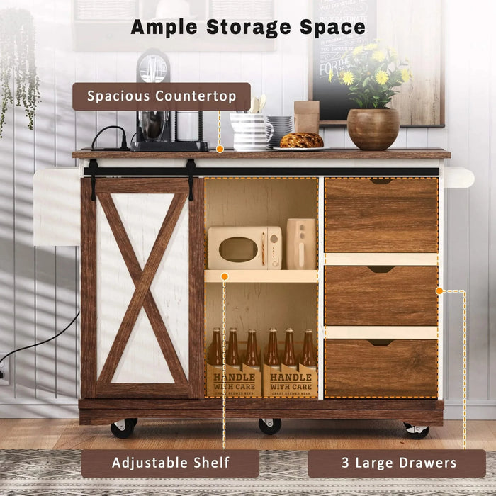 K&K 55.5' Farmhouse Kitchen Island with Drop Leaf, Kitchen Storage Island with Barn Door, Power Outlet, Rolling Kitchen Cart on Wheels with Spice Rack, for Home, Kitchen, Dining Room, White Default -DTYStore
