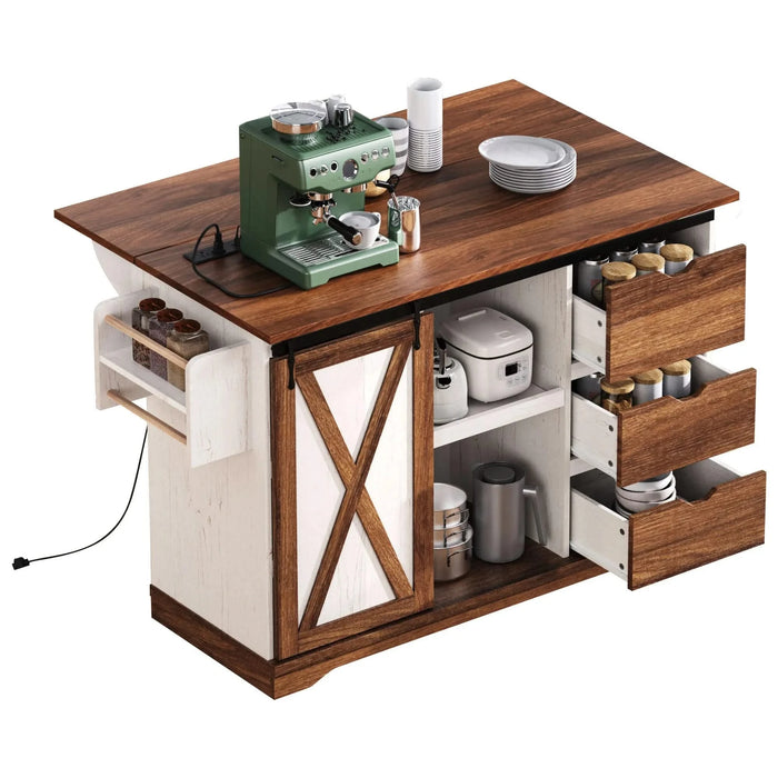 K&K 55.5' Farmhouse Kitchen Island with Drop Leaf, Kitchen Storage Island with Barn Door, Power Outlet, Rolling Kitchen Cart on Wheels with Spice Rack, for Home, Kitchen, Dining Room, White Default -DTYStore