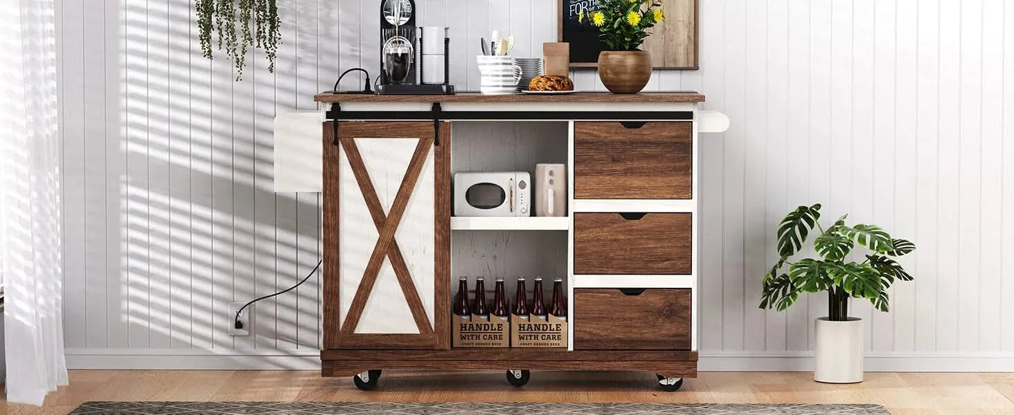 K&K 55.5' Farmhouse Kitchen Island with Drop Leaf, Kitchen Storage Island with Barn Door, Power Outlet, Rolling Kitchen Cart on Wheels with Spice Rack, for Home, Kitchen, Dining Room, White Default -DTYStore