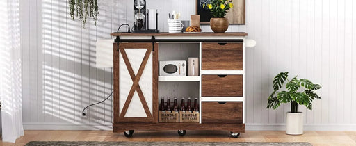 K&K 55.5' Farmhouse Kitchen Island with Drop Leaf, Kitchen Storage Island with Barn Door, Power Outlet, Rolling Kitchen Cart on Wheels with Spice Rack, for Home, Kitchen, Dining Room, White Default -DTYStore