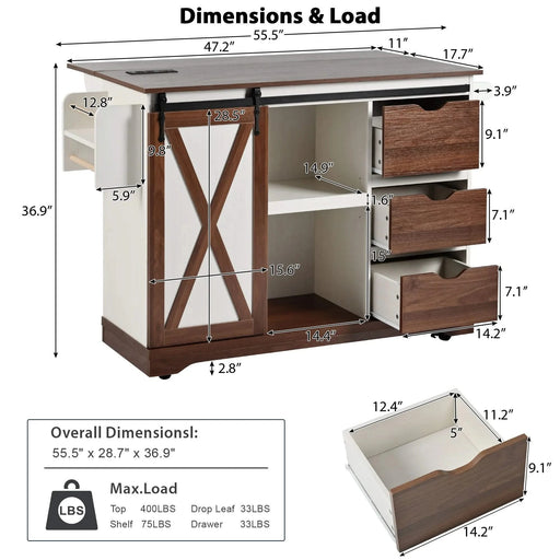K&K 55.5' Farmhouse Kitchen Island with Drop Leaf, Kitchen Storage Island with Barn Door, Power Outlet, Rolling Kitchen Cart on Wheels with Spice Rack, for Home, Kitchen, Dining Room, White Default -DTYStore