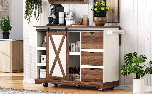 K&K 55.5' Farmhouse Kitchen Island with Drop Leaf, Kitchen Storage Island with Barn Door, Power Outlet, Rolling Kitchen Cart on Wheels with Spice Rack, for Home, Kitchen, Dining Room, White Default -DTYStore