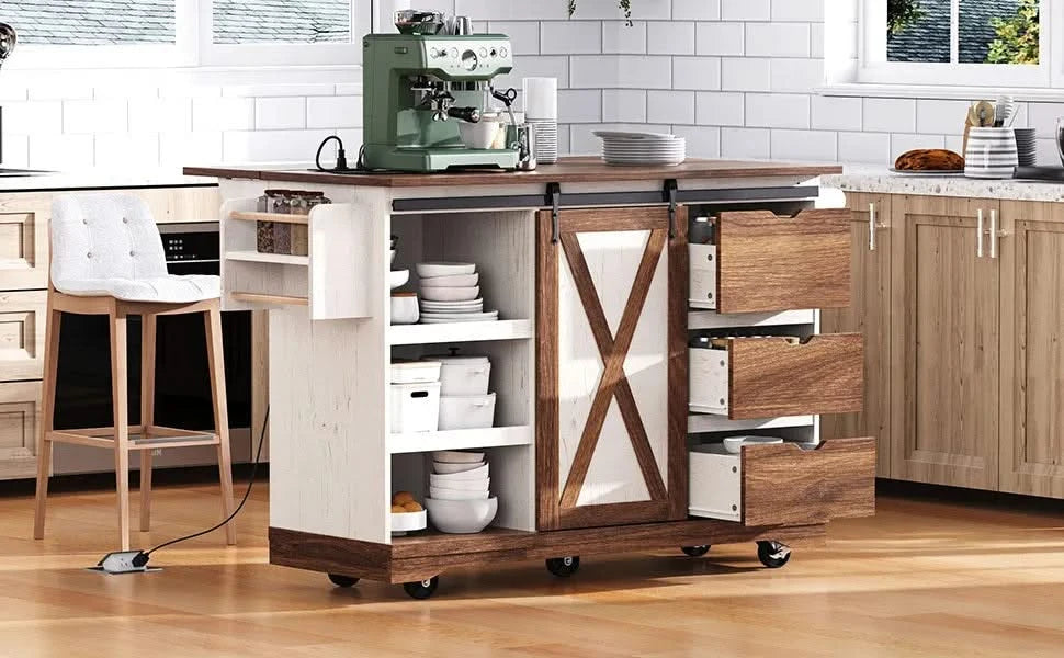 K&K 55.5' Farmhouse Kitchen Island with Drop Leaf, Kitchen Storage Island with Barn Door, Power Outlet, Rolling Kitchen Cart on Wheels with Spice Rack, for Home, Kitchen, Dining Room, White Default -DTYStore
