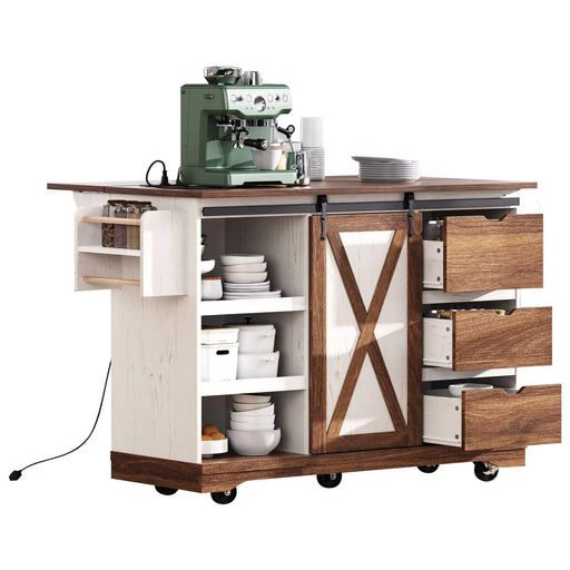K&K 55.5' Farmhouse Kitchen Island with Drop Leaf, Kitchen Storage Island with Barn Door, Power Outlet, Rolling Kitchen Cart on Wheels with Spice Rack, for Home, Kitchen, Dining Room, White Default -DTYStore