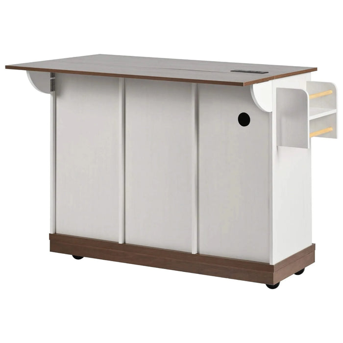 K&K 55.5' Farmhouse Kitchen Island with Drop Leaf, Kitchen Storage Island with Barn Door, Power Outlet, Rolling Kitchen Cart on Wheels with Spice Rack, for Home, Kitchen, Dining Room, White Default -DTYStore