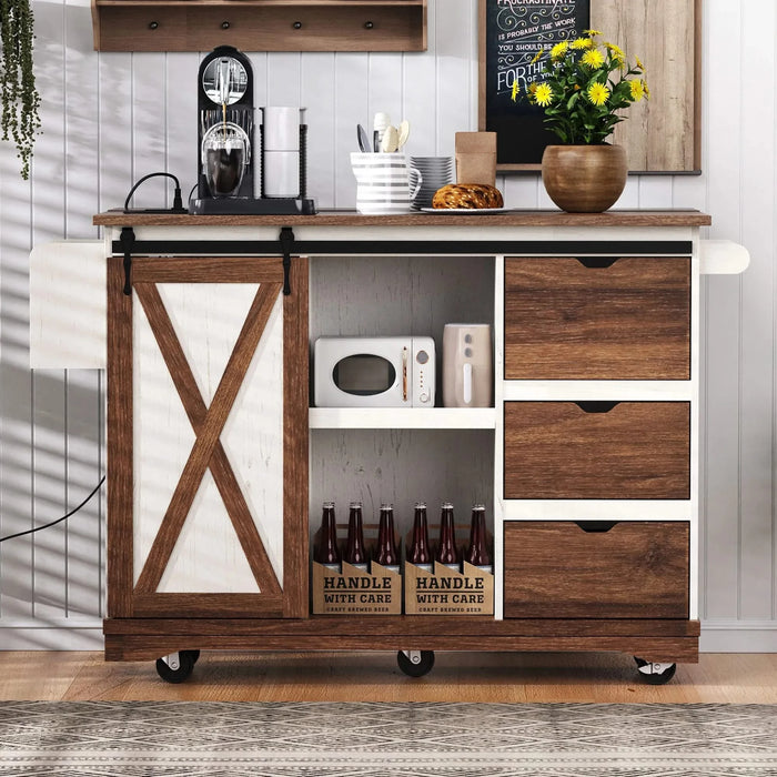 K&K 55.5' Farmhouse Kitchen Island with Drop Leaf, Kitchen Storage Island with Barn Door, Power Outlet, Rolling Kitchen Cart on Wheels with Spice Rack, for Home, Kitchen, Dining Room, White Default -DTYStore