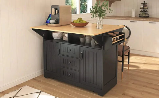 K&K 55.7'' Large Kitchen Island with 2 Drop Leaf,, Rolling Kitchen Cart on 5 Wheels with Power Outlet, Folding Storage Dining Table with Spice & Towel Rack , 3 Drawers, for Kitchen, Dining Room,Black Default -DTYStore