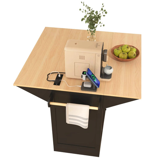 K&K 55.7'' Large Kitchen Island with 2 Drop Leaf,, Rolling Kitchen Cart on 5 Wheels with Power Outlet, Folding Storage Dining Table with Spice & Towel Rack , 3 Drawers, for Kitchen, Dining Room,Black Default -DTYStore