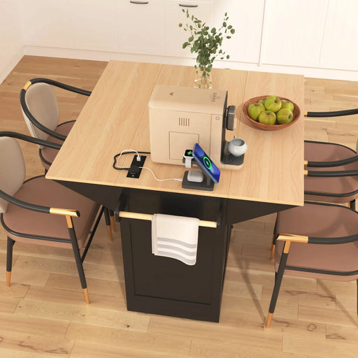 K&K 55.7'' Large Kitchen Island with 2 Drop Leaf,, Rolling Kitchen Cart on 5 Wheels with Power Outlet, Folding Storage Dining Table with Spice & Towel Rack , 3 Drawers, for Kitchen, Dining Room,Black Default -DTYStore