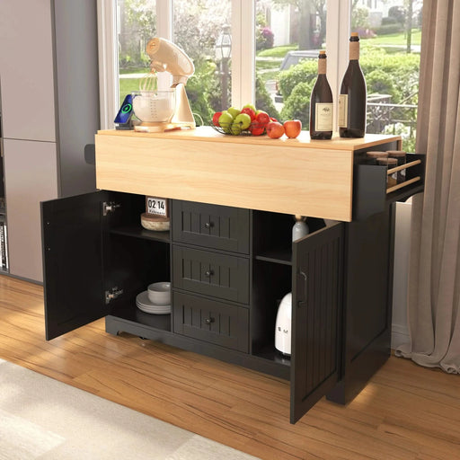 K&K 55.7'' Large Kitchen Island with 2 Drop Leaf,, Rolling Kitchen Cart on 5 Wheels with Power Outlet, Folding Storage Dining Table with Spice & Towel Rack , 3 Drawers, for Kitchen, Dining Room,Black Default -DTYStore
