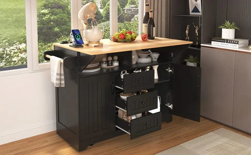 K&K 55.7'' Large Kitchen Island with 2 Drop Leaf,, Rolling Kitchen Cart on 5 Wheels with Power Outlet, Folding Storage Dining Table with Spice & Towel Rack , 3 Drawers, for Kitchen, Dining Room,Black Default -DTYStore