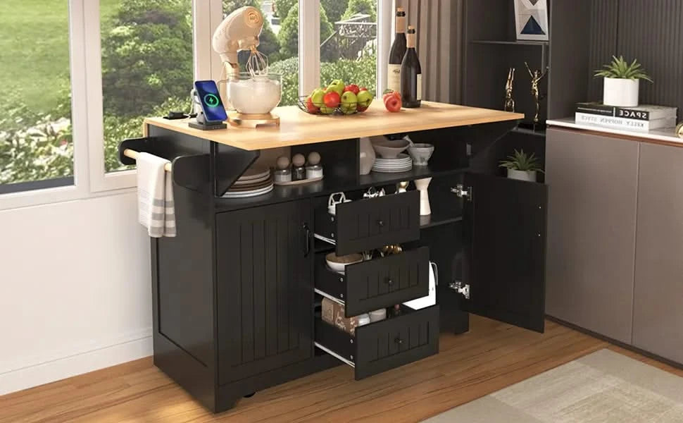K&K 55.7'' Large Kitchen Island with 2 Drop Leaf,, Rolling Kitchen Cart on 5 Wheels with Power Outlet, Folding Storage Dining Table with Spice & Towel Rack , 3 Drawers, for Kitchen, Dining Room,Black Default -DTYStore