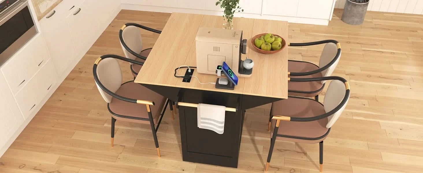 K&K 55.7'' Large Kitchen Island with 2 Drop Leaf,, Rolling Kitchen Cart on 5 Wheels with Power Outlet, Folding Storage Dining Table with Spice & Towel Rack , 3 Drawers, for Kitchen, Dining Room,Black Default -DTYStore