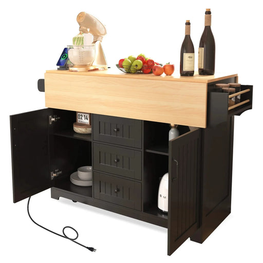 K&K 55.7'' Large Kitchen Island with 2 Drop Leaf,, Rolling Kitchen Cart on 5 Wheels with Power Outlet, Folding Storage Dining Table with Spice & Towel Rack , 3 Drawers, for Kitchen, Dining Room,Black Default -DTYStore