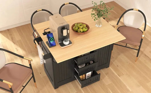 K&K 55.7'' Large Kitchen Island with 2 Drop Leaf,, Rolling Kitchen Cart on 5 Wheels with Power Outlet, Folding Storage Dining Table with Spice & Towel Rack , 3 Drawers, for Kitchen, Dining Room,Black Default -DTYStore