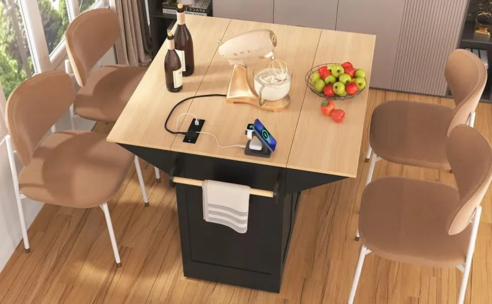K&K 55.7'' Large Kitchen Island with 2 Drop Leaf,, Rolling Kitchen Cart on 5 Wheels with Power Outlet, Folding Storage Dining Table with Spice & Towel Rack , 3 Drawers, for Kitchen, Dining Room,Black Default -DTYStore