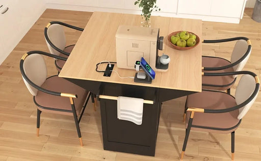 K&K 55.7'' Large Kitchen Island with 2 Drop Leaf,, Rolling Kitchen Cart on 5 Wheels with Power Outlet, Folding Storage Dining Table with Spice & Towel Rack , 3 Drawers, for Kitchen, Dining Room,Black Default -DTYStore