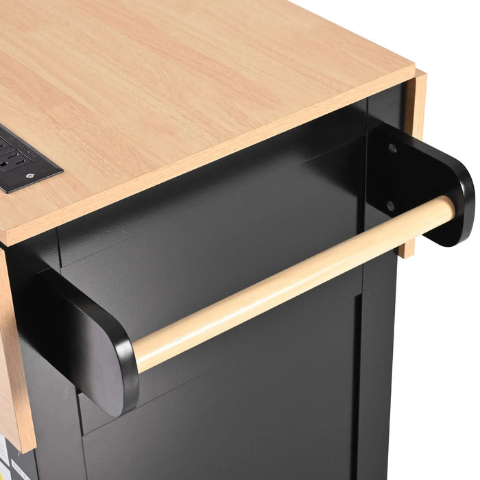 K&K 55.7'' Large Kitchen Island with 2 Drop Leaf,, Rolling Kitchen Cart on 5 Wheels with Power Outlet, Folding Storage Dining Table with Spice & Towel Rack , 3 Drawers, for Kitchen, Dining Room,Black Default -DTYStore