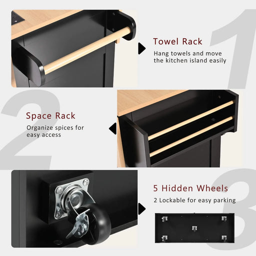 K&K 55.7'' Large Kitchen Island with 2 Drop Leaf,, Rolling Kitchen Cart on 5 Wheels with Power Outlet, Folding Storage Dining Table with Spice & Towel Rack , 3 Drawers, for Kitchen, Dining Room,Black Default -DTYStore