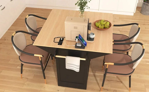 K&K 55.7'' Large Kitchen Island with 2 Drop Leaf,, Rolling Kitchen Cart on 5 Wheels with Power Outlet, Folding Storage Dining Table with Spice & Towel Rack , 3 Drawers, for Kitchen, Dining Room,Black Default -DTYStore