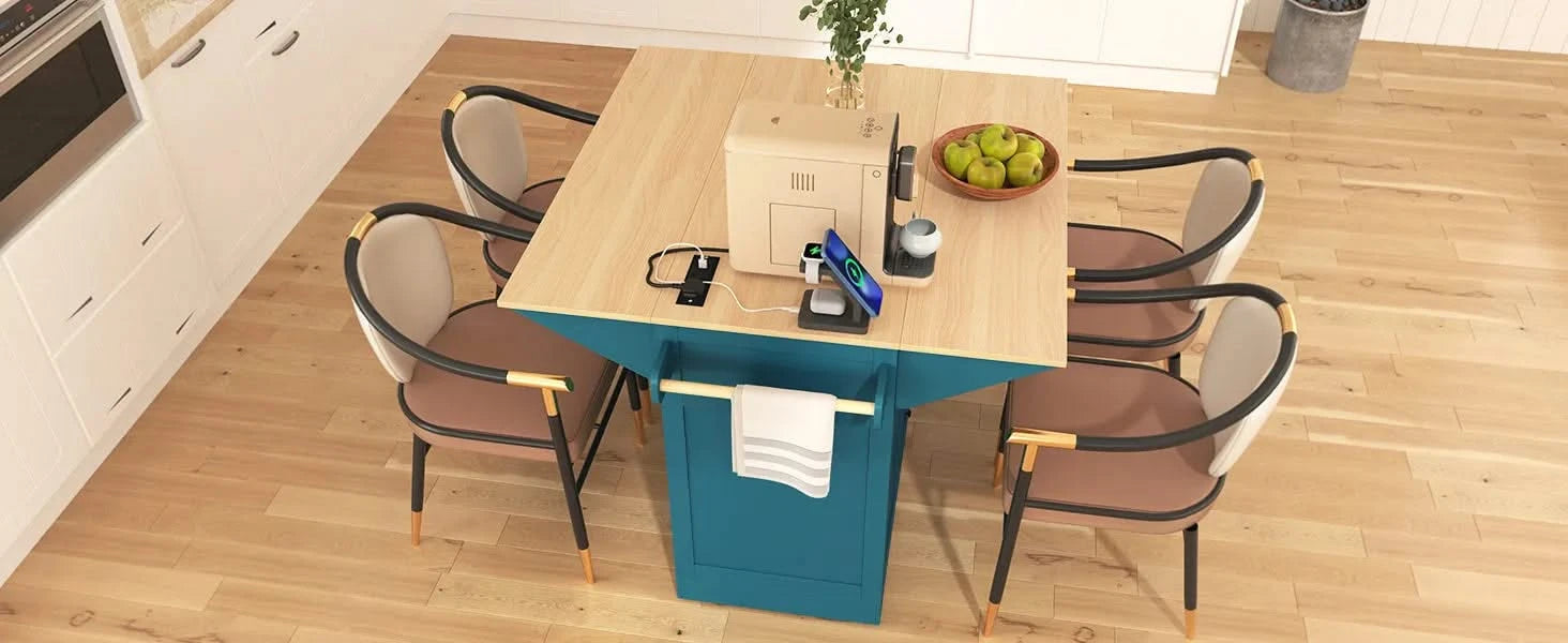 K&K 55.7'' Large Kitchen Island with 2 Drop Leaf,, Rolling Kitchen Cart on 5 Wheels with Power Outlet, Folding Storage Dining Table with Spice & Towel Rack , 3 Drawers, for Kitchen, Dining Room,Green Default -DTYStore