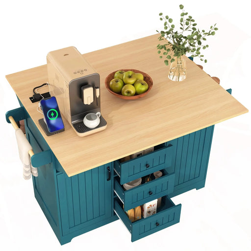 K&K 55.7'' Large Kitchen Island with 2 Drop Leaf,, Rolling Kitchen Cart on 5 Wheels with Power Outlet, Folding Storage Dining Table with Spice & Towel Rack , 3 Drawers, for Kitchen, Dining Room,Green Default -DTYStore