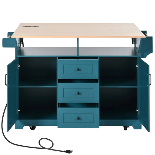 K&K 55.7'' Large Kitchen Island with 2 Drop Leaf,, Rolling Kitchen Cart on 5 Wheels with Power Outlet, Folding Storage Dining Table with Spice & Towel Rack , 3 Drawers, for Kitchen, Dining Room,Green Default -DTYStore