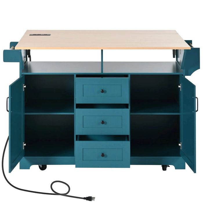 K&K 55.7'' Large Kitchen Island with 2 Drop Leaf,, Rolling Kitchen Cart on 5 Wheels with Power Outlet, Folding Storage Dining Table with Spice & Towel Rack , 3 Drawers, for Kitchen, Dining Room,Green Default -DTYStore