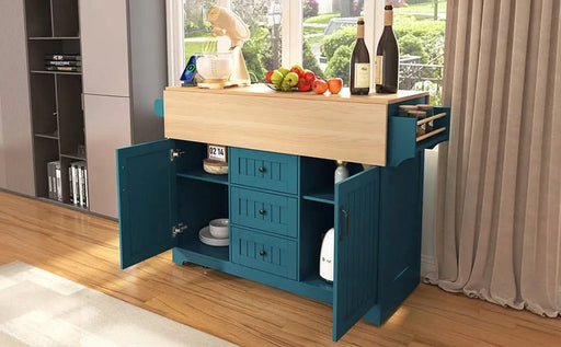 K&K 55.7'' Large Kitchen Island with 2 Drop Leaf,, Rolling Kitchen Cart on 5 Wheels with Power Outlet, Folding Storage Dining Table with Spice & Towel Rack , 3 Drawers, for Kitchen, Dining Room,Green Default -DTYStore