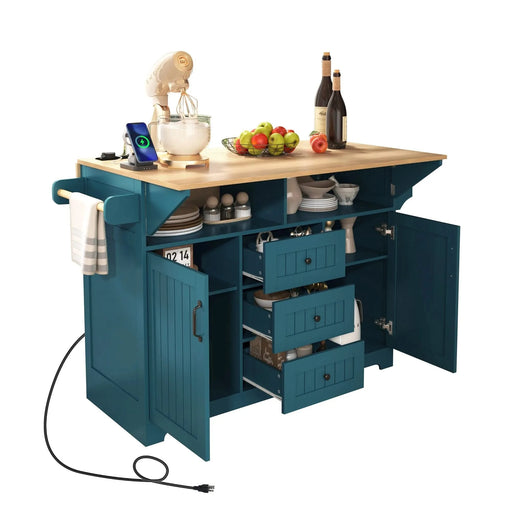 K&K 55.7'' Large Kitchen Island with 2 Drop Leaf,, Rolling Kitchen Cart on 5 Wheels with Power Outlet, Folding Storage Dining Table with Spice & Towel Rack , 3 Drawers, for Kitchen, Dining Room,Green Default -DTYStore