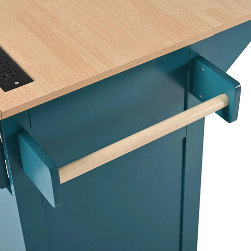 K&K 55.7'' Large Kitchen Island with 2 Drop Leaf,, Rolling Kitchen Cart on 5 Wheels with Power Outlet, Folding Storage Dining Table with Spice & Towel Rack , 3 Drawers, for Kitchen, Dining Room,Green Default -DTYStore