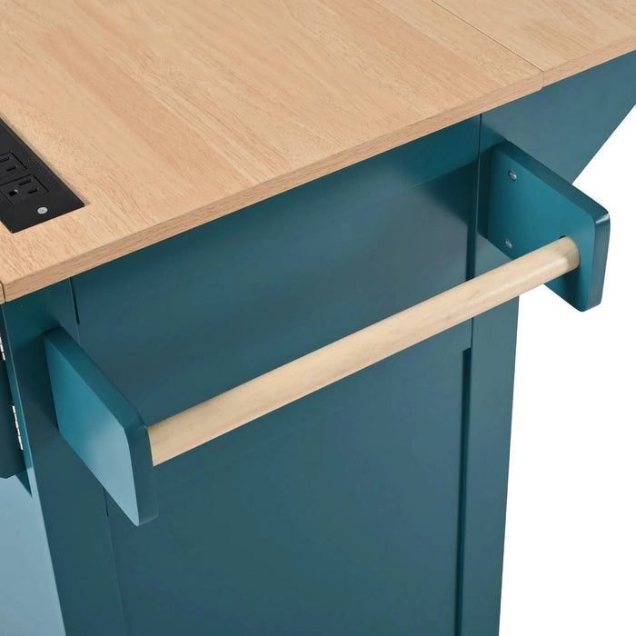 K&K 55.7'' Large Kitchen Island with 2 Drop Leaf,, Rolling Kitchen Cart on 5 Wheels with Power Outlet, Folding Storage Dining Table with Spice & Towel Rack , 3 Drawers, for Kitchen, Dining Room,Green Default -DTYStore