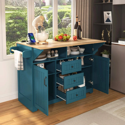 K&K 55.7'' Large Kitchen Island with 2 Drop Leaf,, Rolling Kitchen Cart on 5 Wheels with Power Outlet, Folding Storage Dining Table with Spice & Towel Rack , 3 Drawers, for Kitchen, Dining Room,Green Default -DTYStore