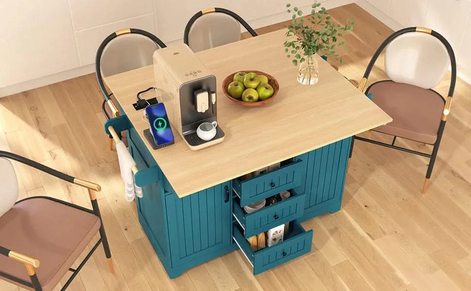 K&K 55.7'' Large Kitchen Island with 2 Drop Leaf,, Rolling Kitchen Cart on 5 Wheels with Power Outlet, Folding Storage Dining Table with Spice & Towel Rack , 3 Drawers, for Kitchen, Dining Room,Green Default -DTYStore