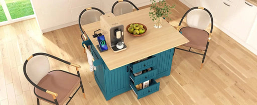 K&K 55.7'' Large Kitchen Island with 2 Drop Leaf,, Rolling Kitchen Cart on 5 Wheels with Power Outlet, Folding Storage Dining Table with Spice & Towel Rack , 3 Drawers, for Kitchen, Dining Room,Green Default -DTYStore