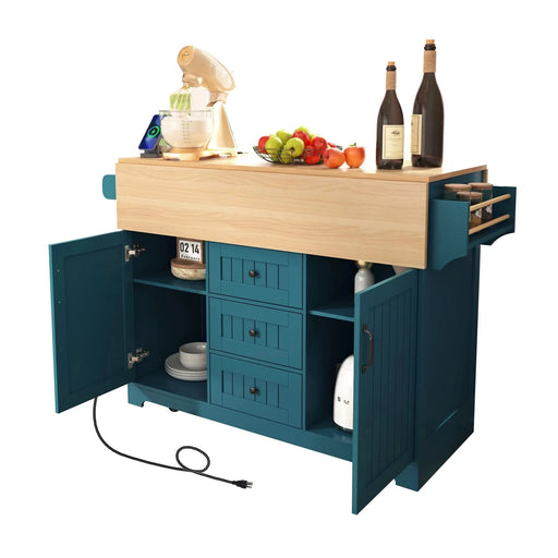 K&K 55.7'' Large Kitchen Island with 2 Drop Leaf,, Rolling Kitchen Cart on 5 Wheels with Power Outlet, Folding Storage Dining Table with Spice & Towel Rack , 3 Drawers, for Kitchen, Dining Room,Green Default -DTYStore