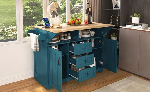 K&K 55.7'' Large Kitchen Island with 2 Drop Leaf,, Rolling Kitchen Cart on 5 Wheels with Power Outlet, Folding Storage Dining Table with Spice & Towel Rack , 3 Drawers, for Kitchen, Dining Room,Green Default -DTYStore