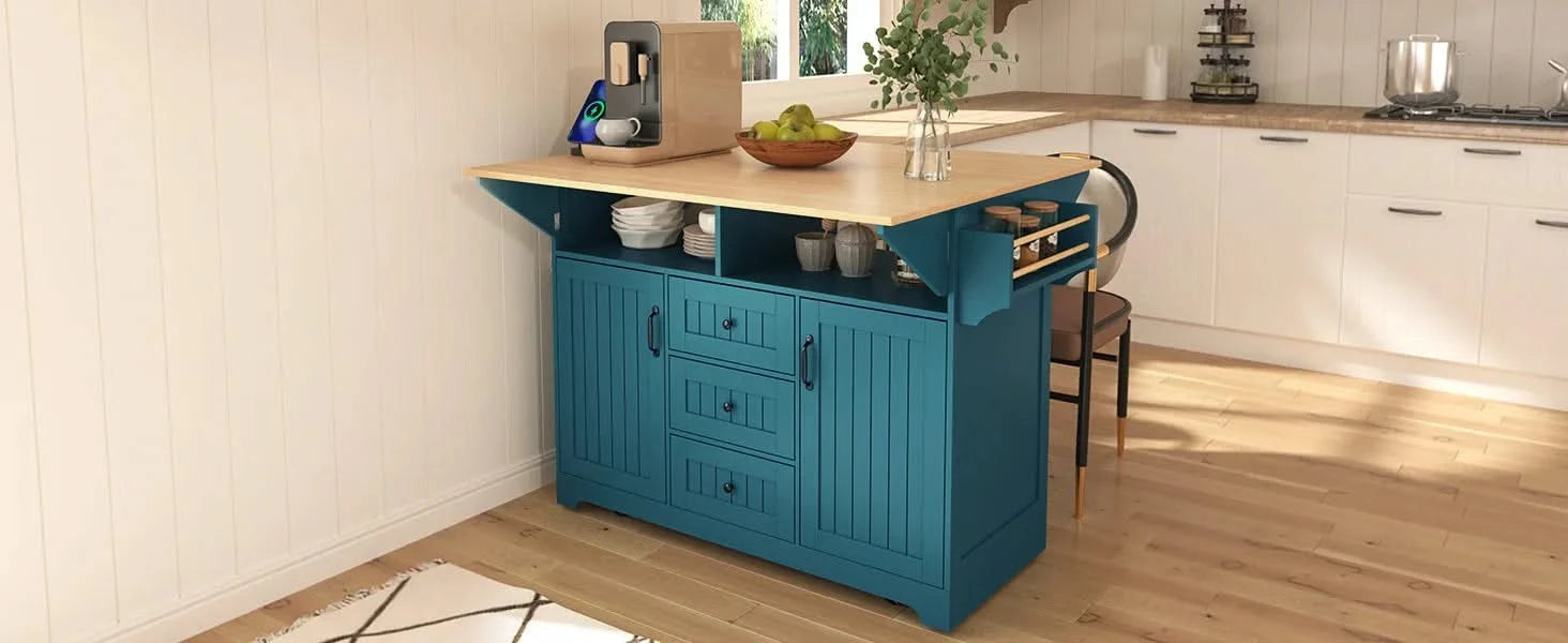 K&K 55.7'' Large Kitchen Island with 2 Drop Leaf,, Rolling Kitchen Cart on 5 Wheels with Power Outlet, Folding Storage Dining Table with Spice & Towel Rack , 3 Drawers, for Kitchen, Dining Room,Green Default -DTYStore