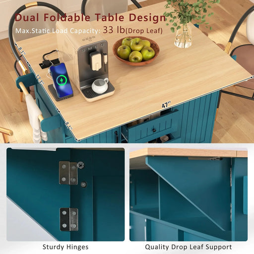 K&K 55.7'' Large Kitchen Island with 2 Drop Leaf,, Rolling Kitchen Cart on 5 Wheels with Power Outlet, Folding Storage Dining Table with Spice & Towel Rack , 3 Drawers, for Kitchen, Dining Room,Green Default -DTYStore