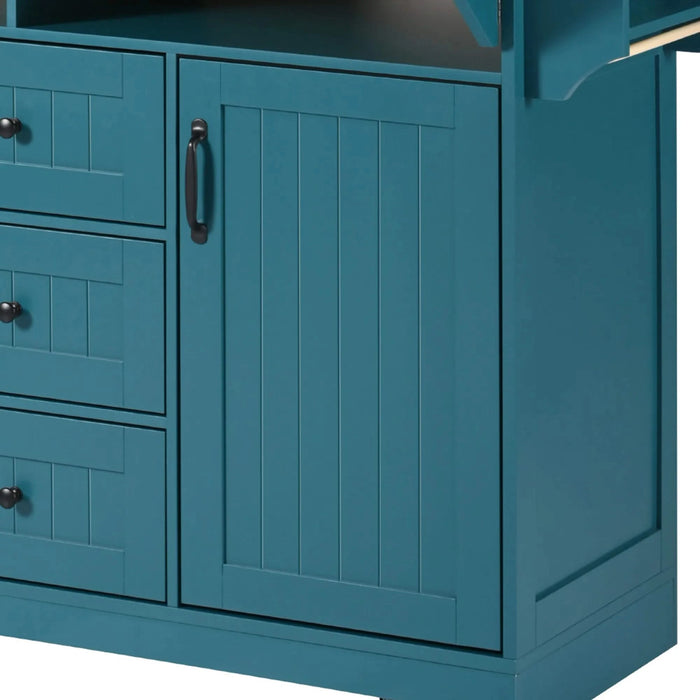 K&K 55.7'' Large Kitchen Island with 2 Drop Leaf,, Rolling Kitchen Cart on 5 Wheels with Power Outlet, Folding Storage Dining Table with Spice & Towel Rack , 3 Drawers, for Kitchen, Dining Room,Green Default -DTYStore