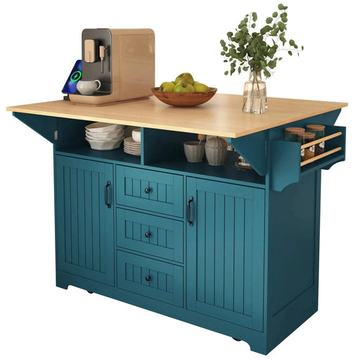 K&K 55.7'' Large Kitchen Island with 2 Drop Leaf,, Rolling Kitchen Cart on 5 Wheels with Power Outlet, Folding Storage Dining Table with Spice & Towel Rack , 3 Drawers, for Kitchen, Dining Room,Green Default -DTYStore