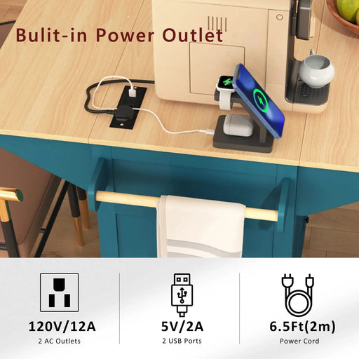 K&K 55.7'' Large Kitchen Island with 2 Drop Leaf,, Rolling Kitchen Cart on 5 Wheels with Power Outlet, Folding Storage Dining Table with Spice & Towel Rack , 3 Drawers, for Kitchen, Dining Room,Green Default -DTYStore
