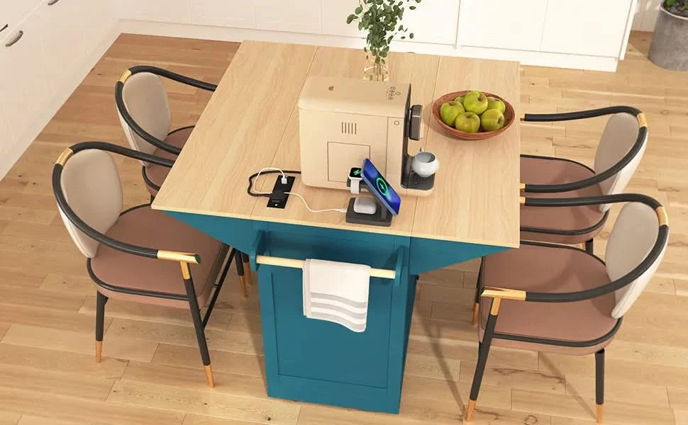 K&K 55.7'' Large Kitchen Island with 2 Drop Leaf,, Rolling Kitchen Cart on 5 Wheels with Power Outlet, Folding Storage Dining Table with Spice & Towel Rack , 3 Drawers, for Kitchen, Dining Room,Green Default -DTYStore