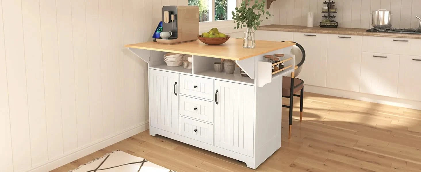 K&K 55.7'' Large Kitchen Island with 2 Drop Leaf,, Rolling Kitchen Cart on 5 Wheels with Power Outlet, Folding Storage Dining Table with Spice & Towel Rack , 3 Drawers, for Kitchen, Dining Room,White Default -DTYStore